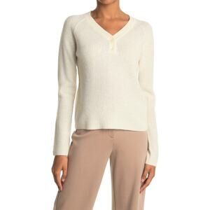 Griffen Ribbed Knit Cashmere Raglan Henley in Ivory Size S